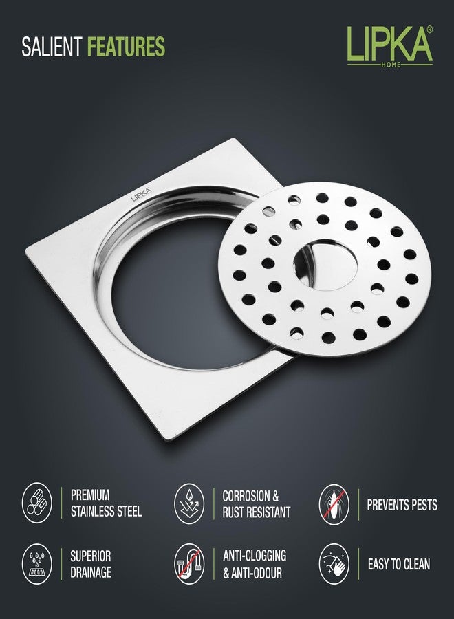 LIPKA 5 x 5 Inches Eon Square Flat Cut Plain Jali Floor Drain with Hole | Premium Stainless Steel | Floor Drain for Bathroom Silver - Image 3